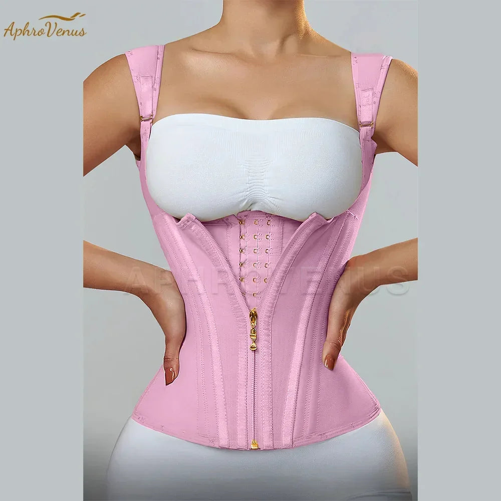 Fajas Colombianas Women Double Compression Waist Trainer Corset with Bone Adjustable Zipper and Hook-Eyes Flat Belly Body Shaper