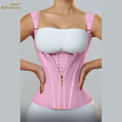 Fajas Colombianas Women Double Compression Waist Trainer Corset with Bone Adjustable Zipper and Hook-Eyes Flat Belly Body Shaper