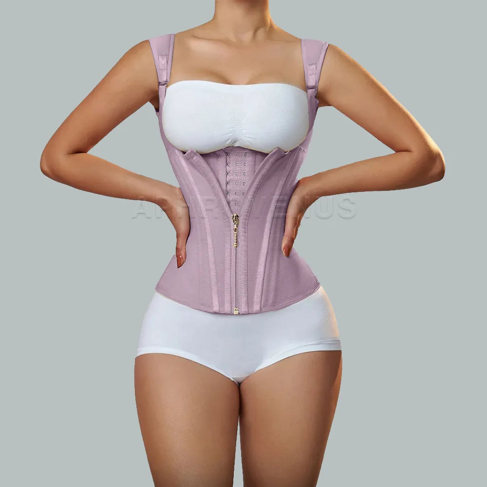 Fajas Colombianas Women Double Compression Waist Trainer Corset with Bone Adjustable Zipper and Hook-Eyes Flat Belly Body Shaper
