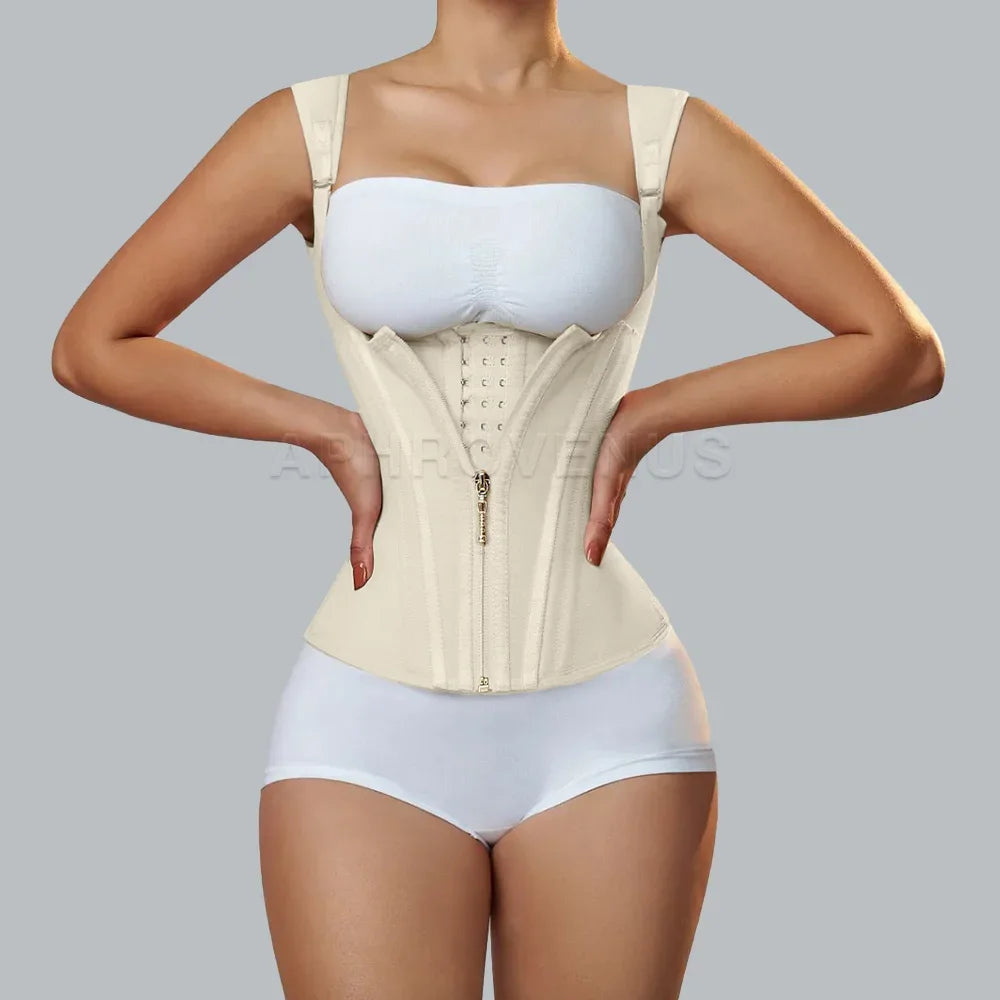 Fajas Colombianas Women Double Compression Waist Trainer Corset with Bone Adjustable Zipper and Hook-Eyes Flat Belly Body Shaper