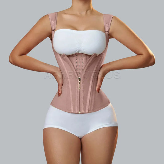 Fajas Colombianas Women Double Compression Waist Trainer Corset with Bone Adjustable Zipper and Hook-Eyes Flat Belly Body Shaper